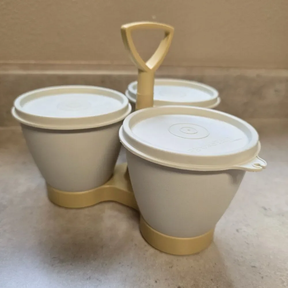 VTG Tupperware Condiment Relish Caddy Set Yellow Base with Cups and Lids